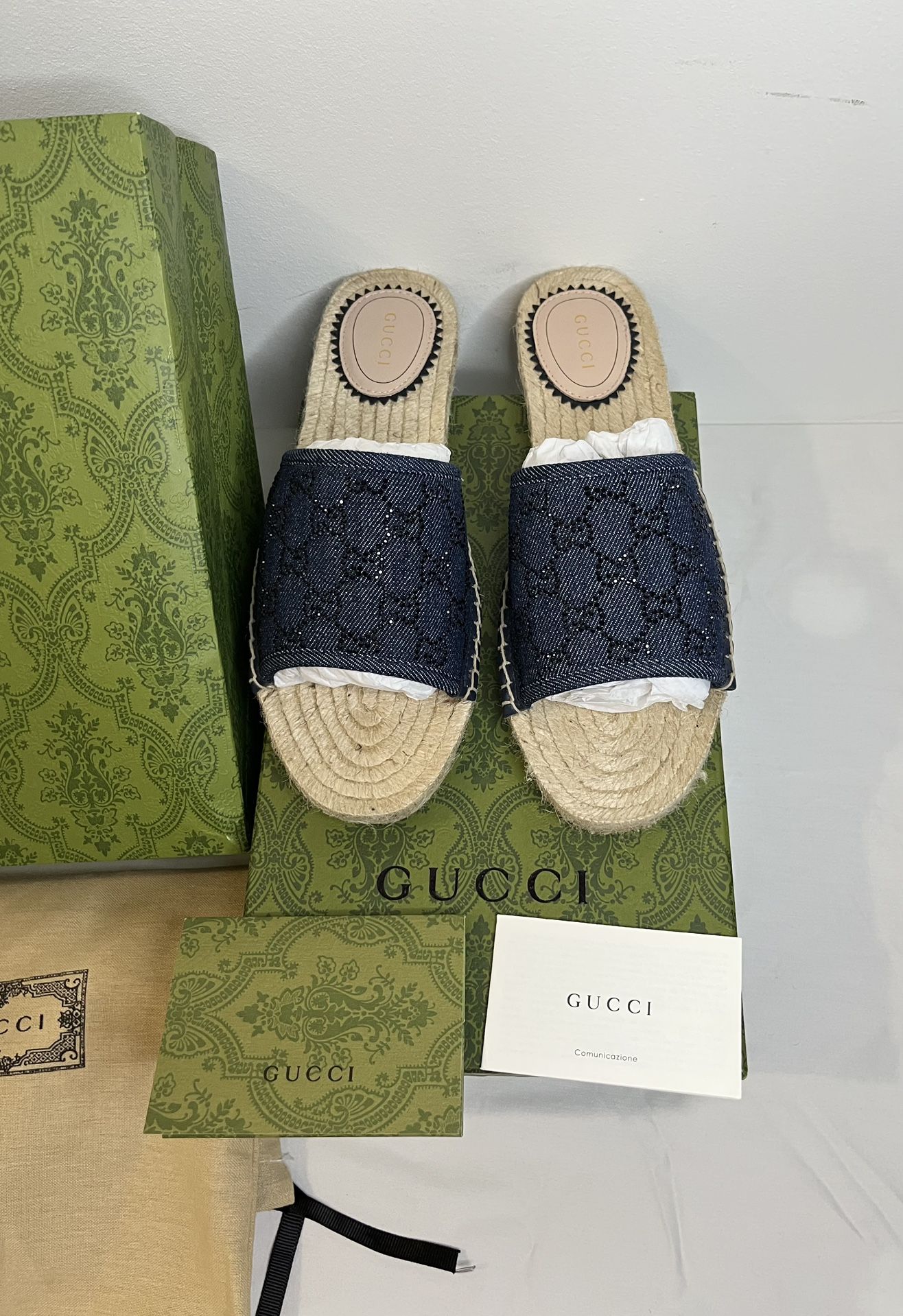 Authentic Gucci Pilar GG Denim Crystal Espadrille Sandals โ Brand New ๐ฅ