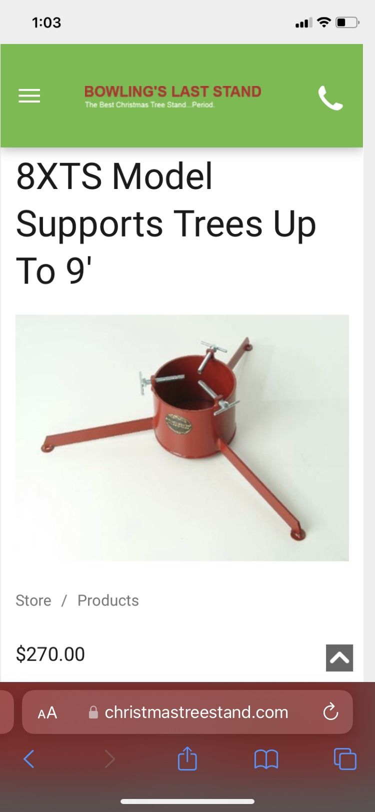 Bowling’s Last Stand Christmas Tree Stand 8XTS to Support 8-9 Ft Xmas Tree