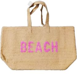 23" Oversized BEACH Straw Tote Embroidered Double Handle Weekend Beach Bag