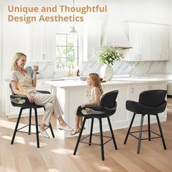 26" Swivel Bar Stools Set of 3, Counter Height Bar Stools with Backrest and Arms, Modern Upholstered Barstools with Metal Legs for Kitchen Island, Bla