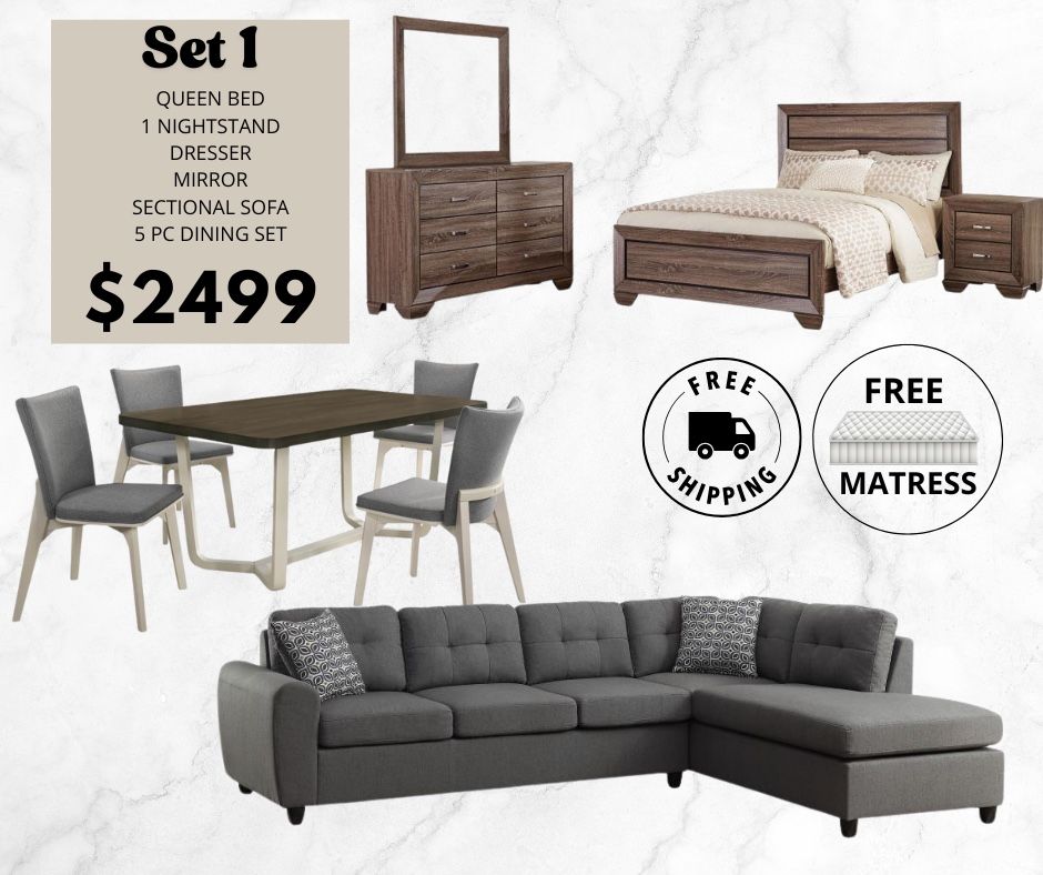 MATTRESS AND DELIVERY FREE / Brand New SET / Bedroom Set, dining Set And Sectional Sofa