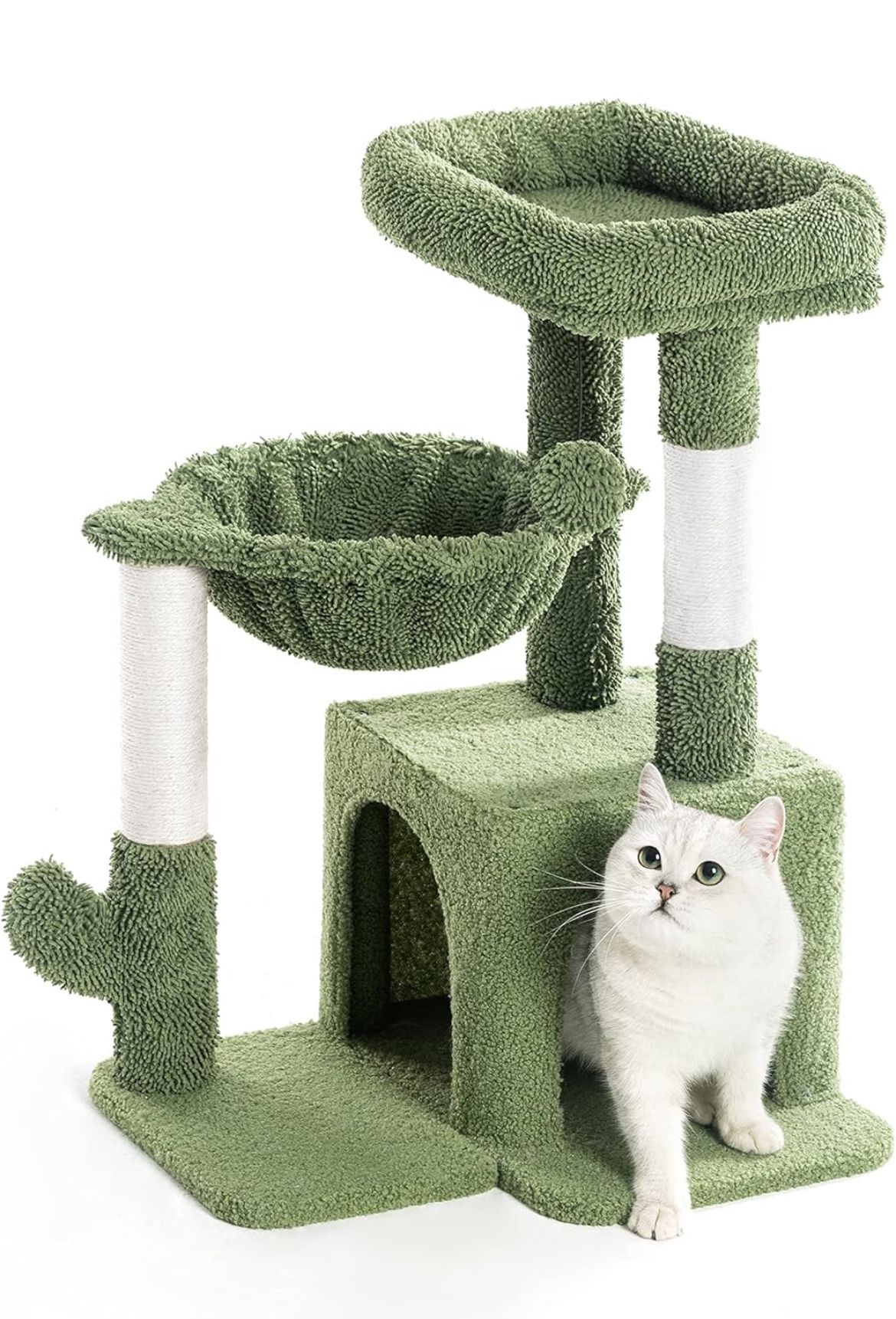 Cactus Cat Tree, Small Cat Tower with Sisal Scratching Post and Hammock Green