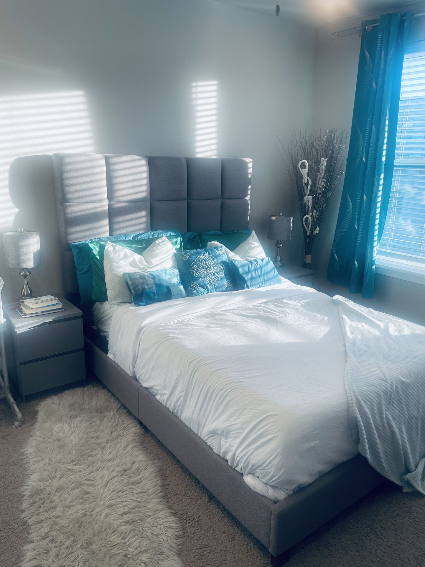 Queen Bed + Side Tables w/ Lamps