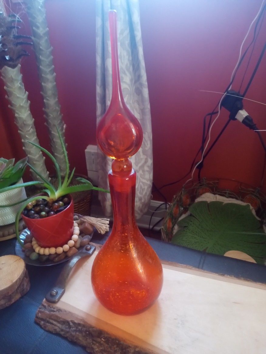 Vintage Rainbow Orange Crackle Glass Decanter 