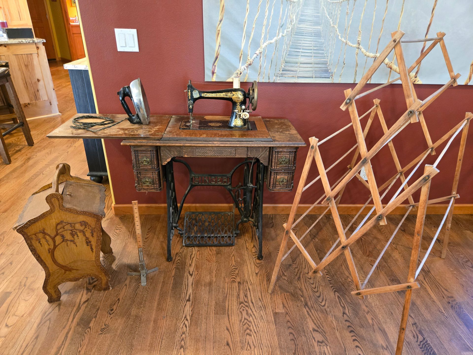 Vintage early 1900 Singer Sewing Machine, sewing box, patterns, hem stick, iron, drying rack, & more