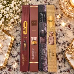 4 Mens Perfume Set 35ml Each - 9PM Elixir, Khamrah Qahwa, Qoulo Musamam & Mahd Al Dhahab