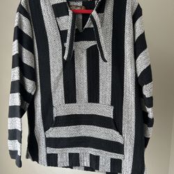 Retrofit Baja Poncho Adult Black White Striped Pullover Hooded Hippie Surfer