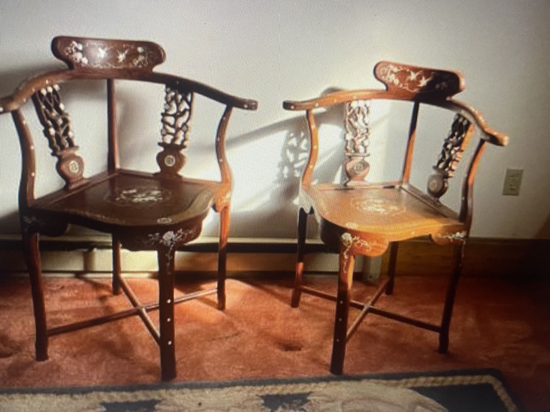 Hand-Carved, Chinese Corner Chairs with MOP Inlay