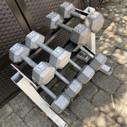 Set Of Steel Hex Dumbbells From 15 To 35 Lbs With Two Tier Rack
