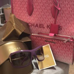 Michael Kors Sheila Medium MK Logo Satchel Bag & Double Zip Wallet (Dragonfruit) and Gucci Glasses