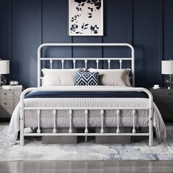 Queen Size White Metal Platform Bed Frame Mattress Foundation with Victorian Style Iron-Art Headboard/Footboard