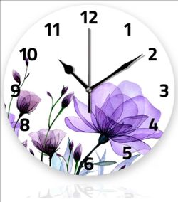 Battery Operated Wall Clocks 12 Inch,Purple Flowers,Silent Home Decor for Bathroom,Living Room,Bedroom