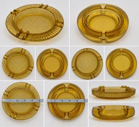 Amber Glass Ashtray Lot of 2 Round 4.5” MCM Ribbed Textured