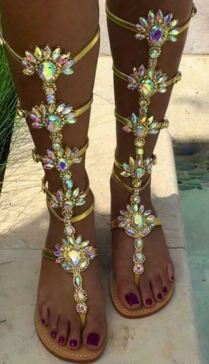 Rhinestone Studded Knee High Gladiator Sandals 9
