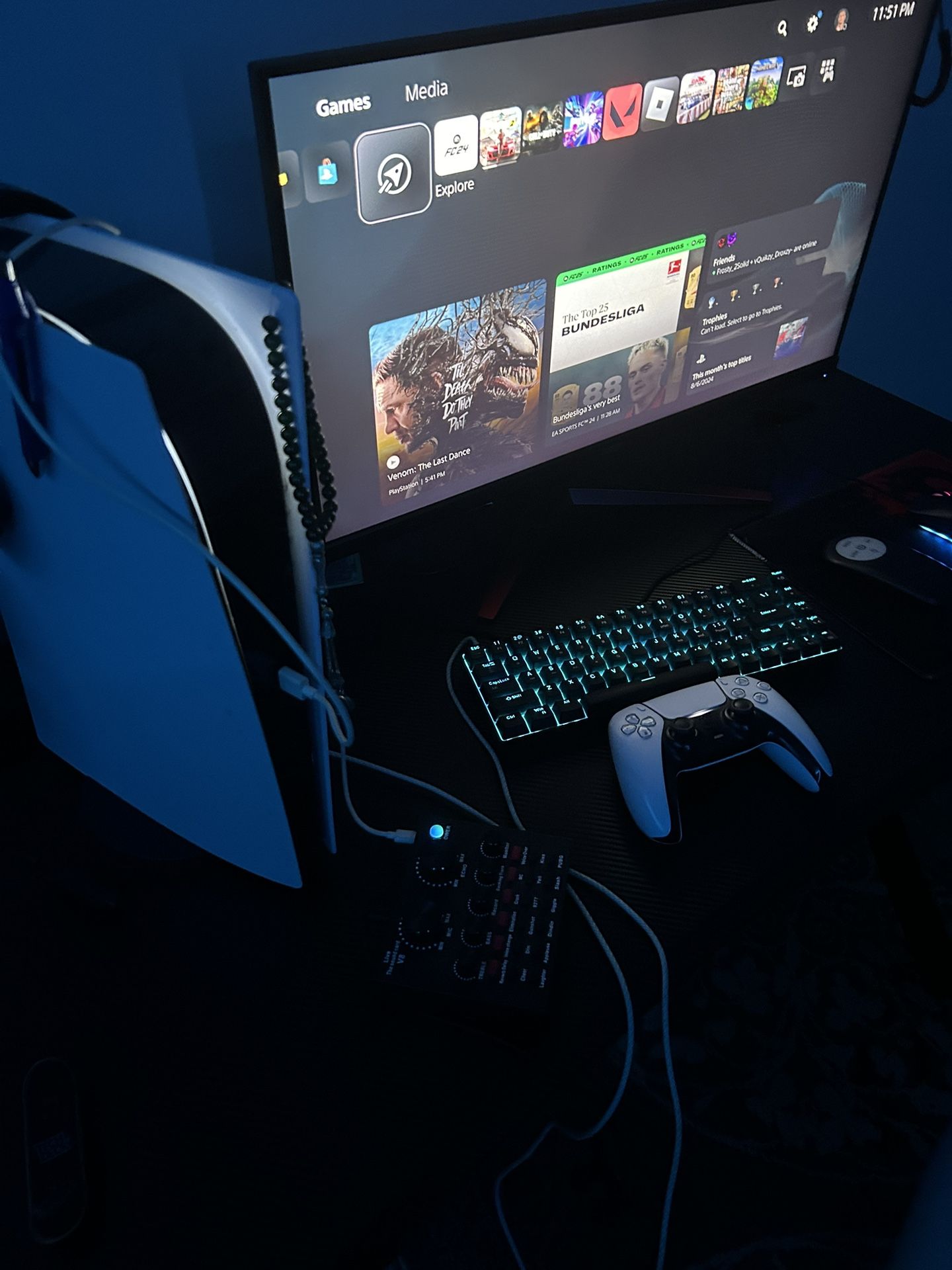 gaming set up and used like new including a ps5, monitor,keyboard and mouse, gaming chair