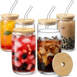 [ 6pcs Set ] Glass Cups with Bamboo Lids and Glass Straw - Beer Shaped Drinking Glasses, 16 oz Iced Coffee Glasses, Cute Tumbler Cup for Smoothie, Bob