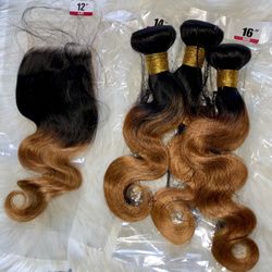 100% Human Hair Ombre 12” 4x4 Closure With 14-16-18” Bundles $100