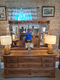 Oak Dresser with Tri-Panel Mirror