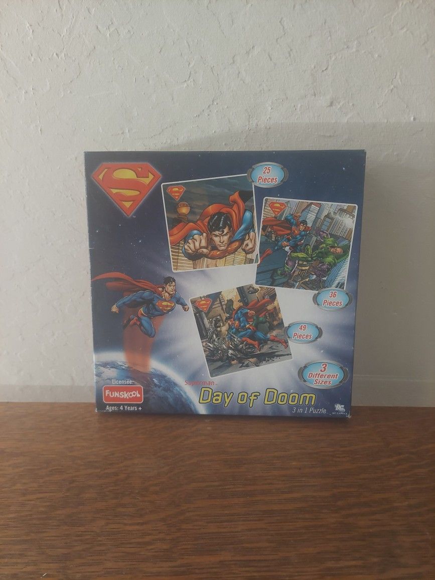 Funskool Superman Day of Doom 3-in-1 Combo Puzzles set. 
Children Ages 4 Years +