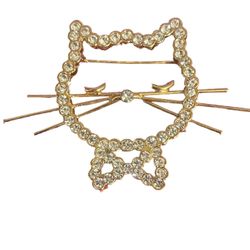 VINTAGE Gold Tone RHINESTONE CRYSTAL CAT Outline Face PIN Kitty Whiskers