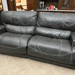 Gray Leather Power Reclining Sofa and Loveseat
