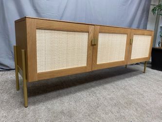 Modern Gold Oak & Rattan 3-Door TV Stand
