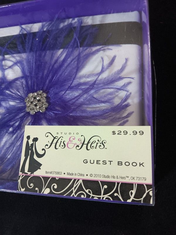 New Wedding Guest Book White Book, Purple Feather Rhinestone Accent