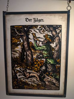 Vintage German Painted Glass Panel "Der Jäger" (The Hunter)