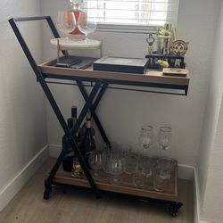 Modern Bar Cart w/ Wheels – Wood & Black Metal (Like New)