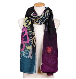 Black Purple Large Floral Scarf-Colourful Big Floral Print Shawl