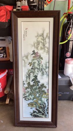 Gorgeous porcelain tile Chinese scene frame good decent condition 52 x20