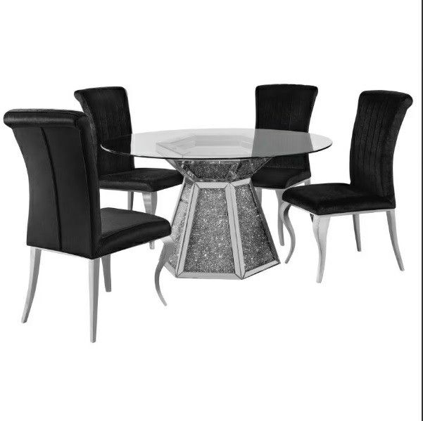 Quinn-5 Piece Hexagon Pedestal Dining Room Set-Mirror And Black
