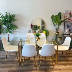 Large Dining Table Set For 6 People Gold Glass Velvet Chairs