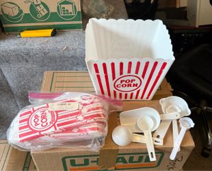 Popcorn Bucket with about 75 Paper Popcorn Bags and Measuring Spoons