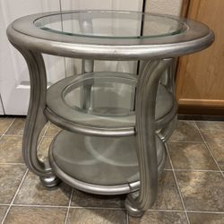 Pair End tables silver wood & glass 3 levels/shelves