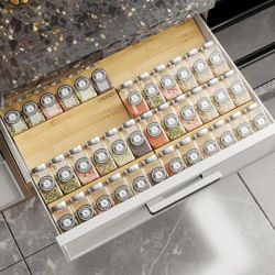 2 Set Bamboo Spice Drawer Organizer – 4 Tier Expandable Rack