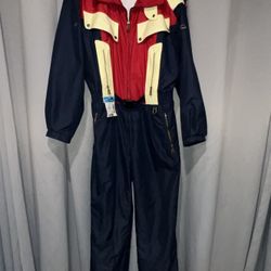 WOW Vintage Bogner Men’s 36 One Piece Ski Suit Snow Overall Snowsuit Navy Blue Red Cream Belted 90’s