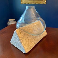 Vintage Sculptural Blown Glass Vase with Triangle Stone Base – 2 Piece Art Display