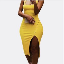 Women's Sexy Solid Sleeveless Strap Tank Ribbed Buttons Side Split Bodycon Irregular Long Pencil Midi Dress