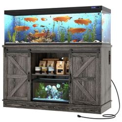 Farmhouse 55-75 Gallon Fish Tank Stand with Power Outlet, Storage, Sliding Barn Doors, and Heavy Duty Tank Stand.