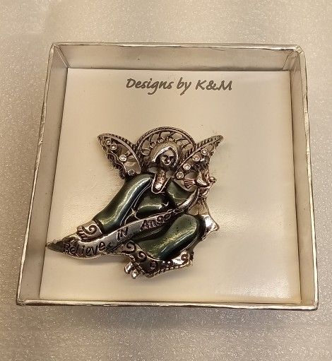 VTG Believe In Angels Green Guilloche Enamel Pewter Rhinestone Brooch Kmart NOS