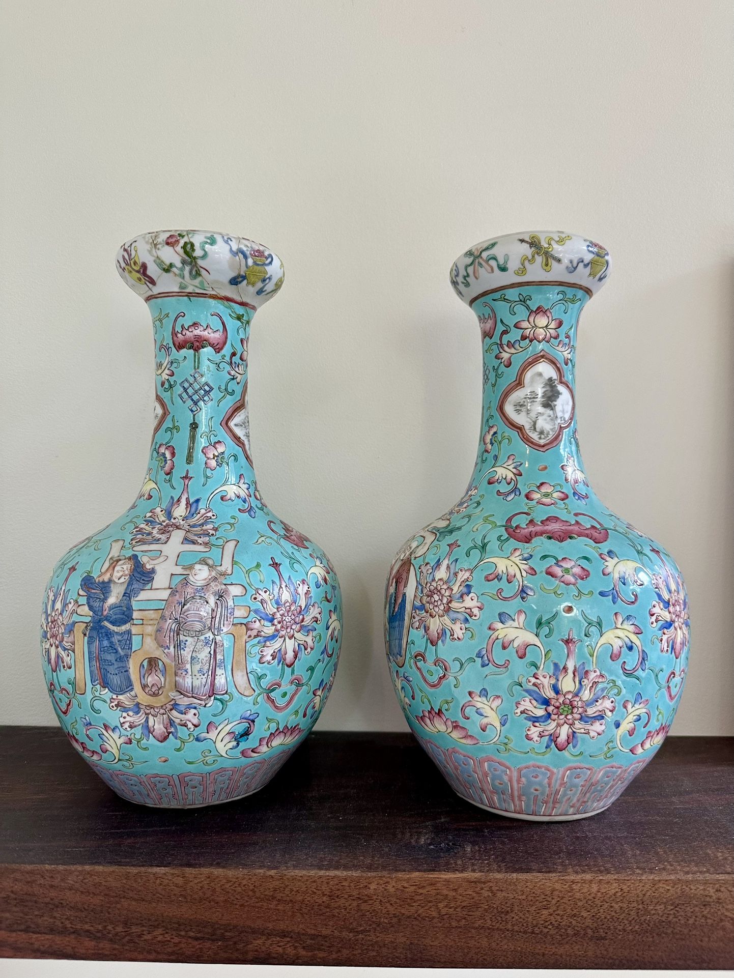 Pair of Vintage Chinese Famille Rose Vases – Turquoise Floral & Landscape Design