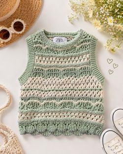 ZARA Girls Knit Sweater Tank Top Sage Green Cream Size 9/10 Boho
