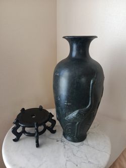 Dark Vase w Animal Drawings w Black Stand 24" tall 10" wide
