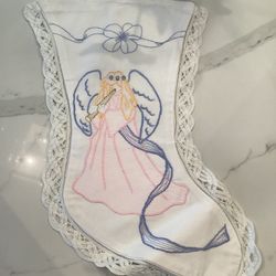 Battenberg Lace Angel Christmas Stocking Embroidery Appliqué 15" (NEVER USED perfect condition)