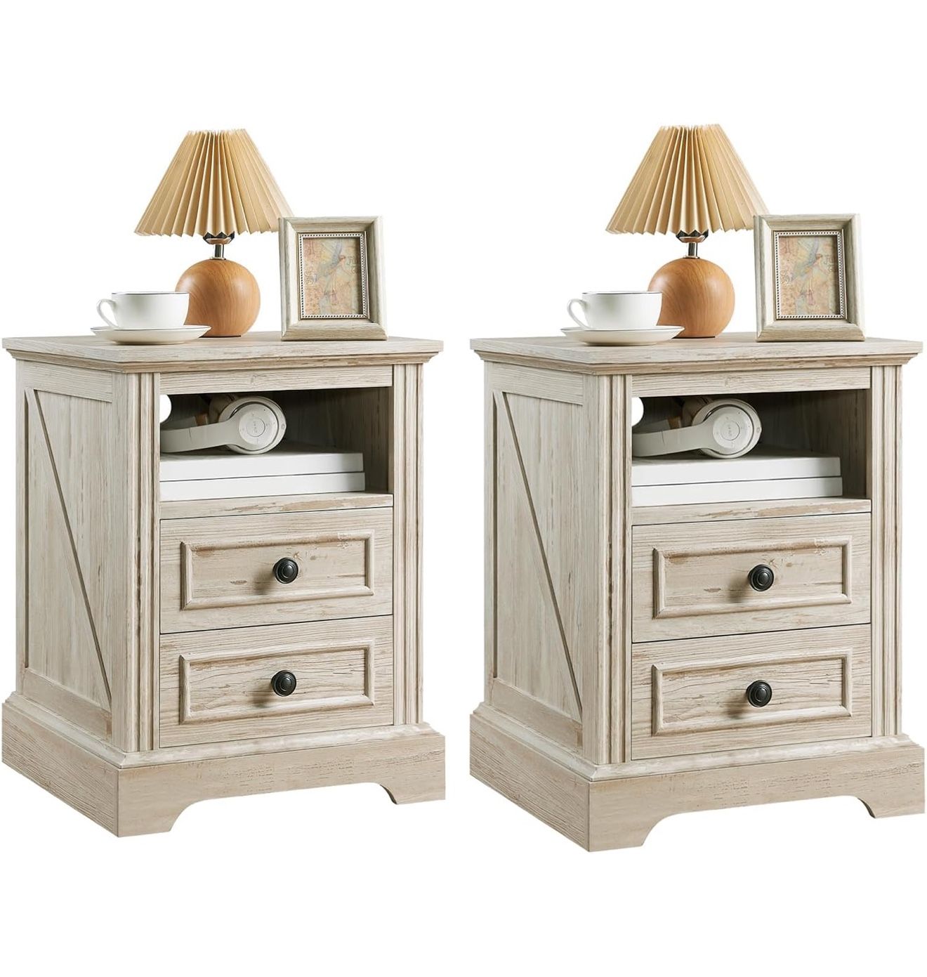 Nightstand Set of 2 with Charging Station, Bedside Table with Open Storage and 2 Drawers, Side Table 18" Retro, End Table for Bedroom, Living Room, Wa