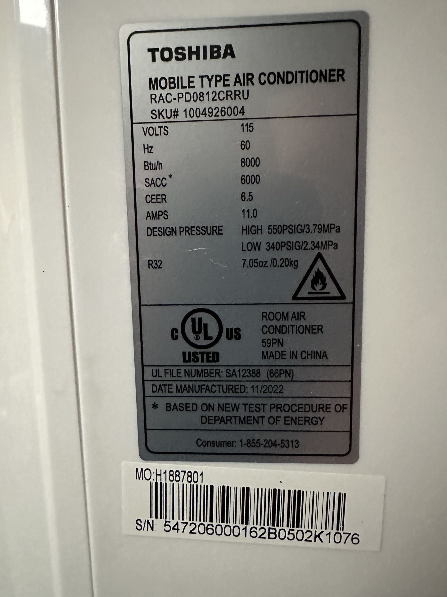 Toshiba portable Air Conditioner - 150 FIRM