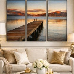 Pacimo 3 Pieces Sunset Seascape Wall Art Decor for Living Room Bedroom Office Bridges over the Sea Canvas Prints Painting Home Decor Modern Artwork St