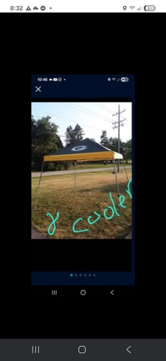 NFL, GREEN BAY PACKERS, Coleman, preowned, 10 x 10  water proof canopy tent w/carrying case, small hole on carrying bag and a new 24 can cooler firm  