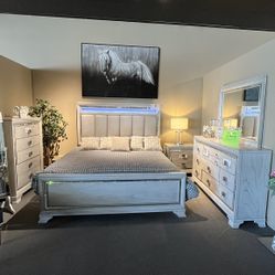 Grey King Bed , Dresser, Mirror And One Nightstand